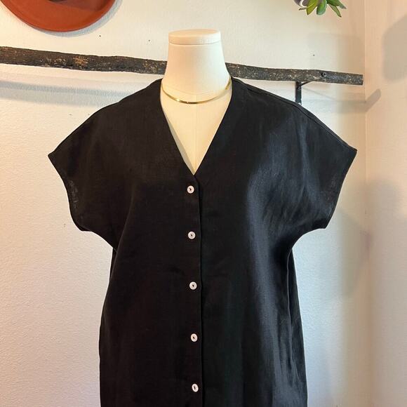 Two Days Off Kaneko Black Linen Button Front Cap Sleeve Midi Dress Size Medium - Picture 6 of 12